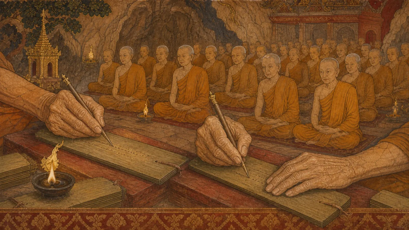 จิตรกรรมฝาผนังฉากปฐมสังคายนา มือพระเถระจารใบลาน มีพระสงฆ์นั่งเรียงรายอยู่เบื้องหลัง