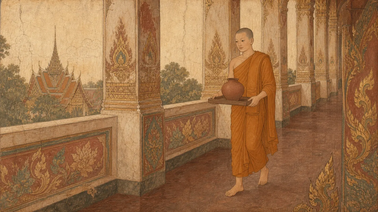 จิตรกรรมฝาผนังรูปพระภิกษุหนุ่มถือถาดไม้ที่มีหม้อน้ำดินเผา เดินในระเบียงวิหารที่ประดับลายทอง