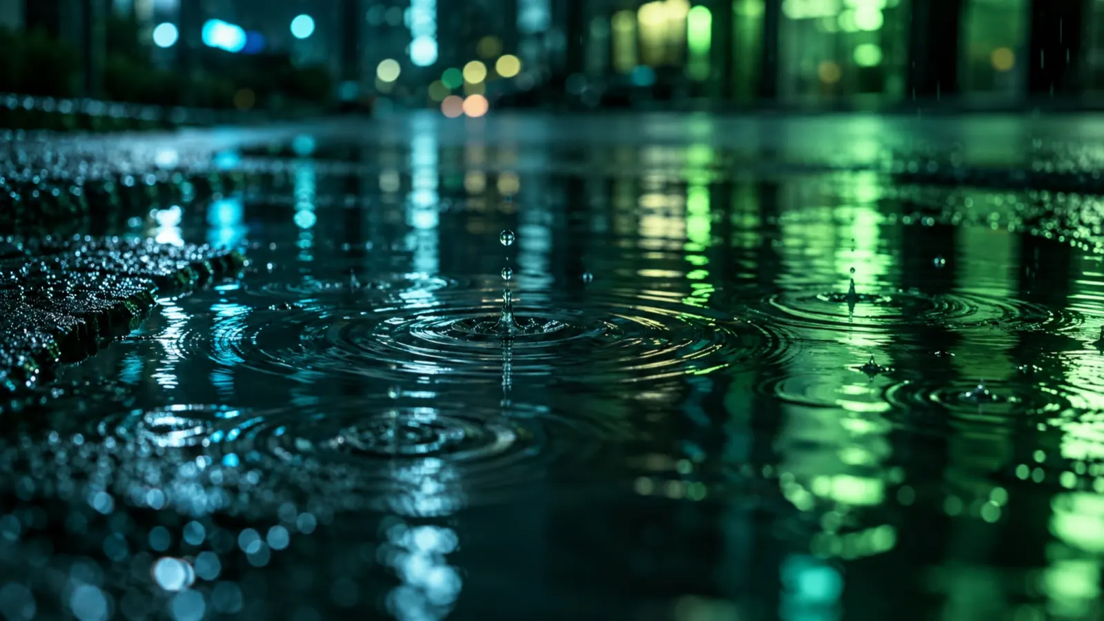เม็ดฝนตกลงบนแอ่งน้ำบนถนนตอนกลางคืน เกิดวงน้ำซ้อนกัน สะท้อนแสงไฟเมืองสีเขียวและฟ้า