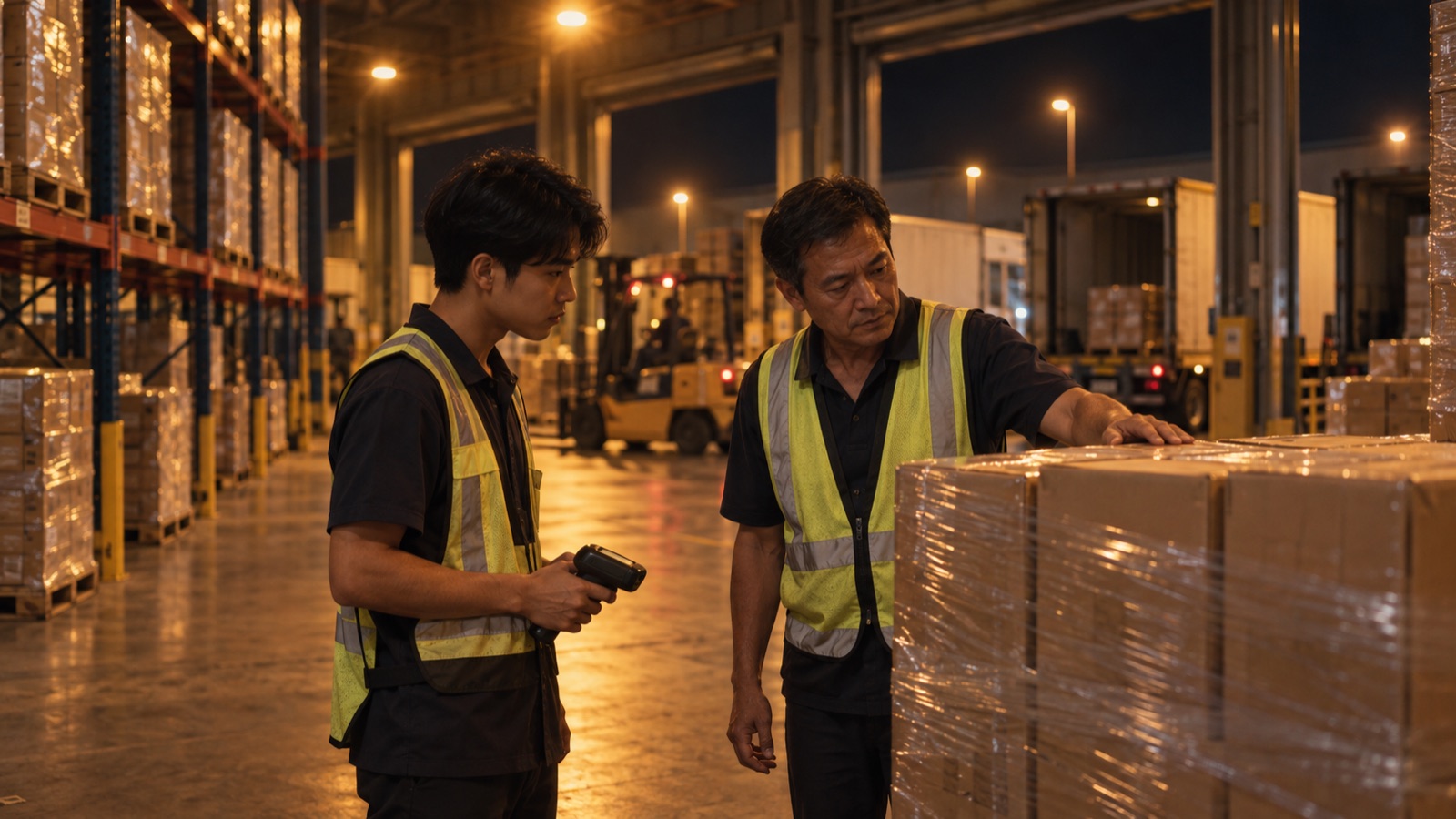 หัวหน้าวัยกลางคนวางมือบนพาเลทกล่องที่พันฟิล์มไว้ ขณะพนักงานหนุ่มถือเครื่องสแกนยืนดูอยู่ข้าง ๆ ใต้แสงไฟในคลังสินค้าตอนกลางคืน