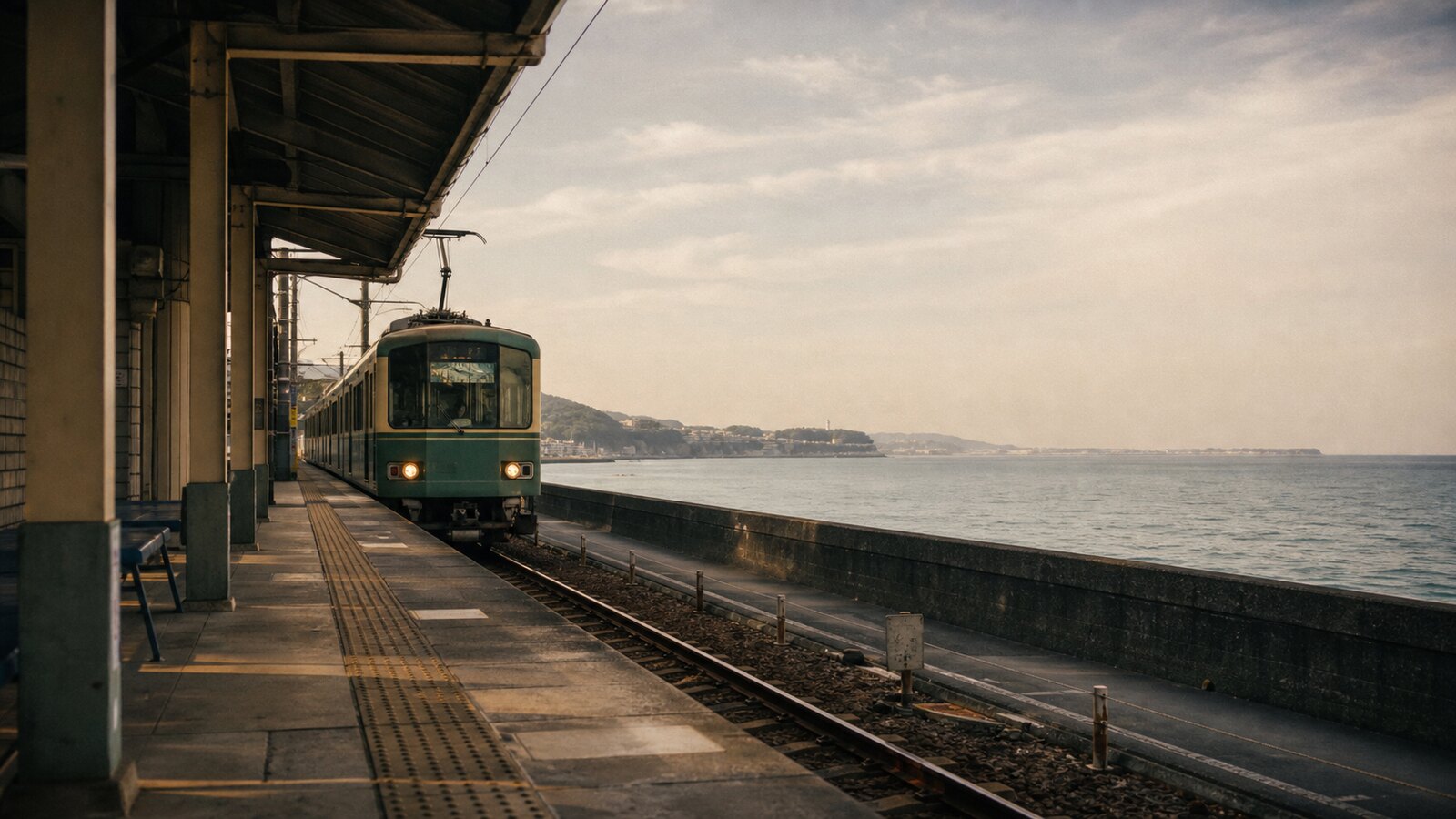 ชานชาลาสถานีรถไฟท้องถิ่นริมทะเลในญี่ปุ่น มองออกไปเห็นรถไฟสีเขียวและท้องทะเลกว้างไกล