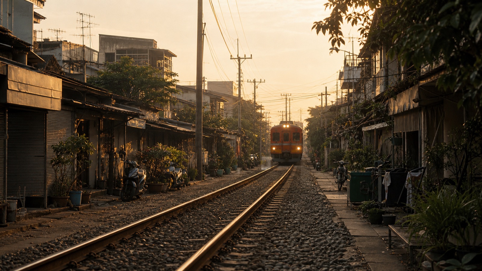 ทางรถไฟทอดผ่านย่านชานเมือง มีตึกแถวสองฝั่งและรถไฟวิ่งมาแต่ไกลในแสงเย็น