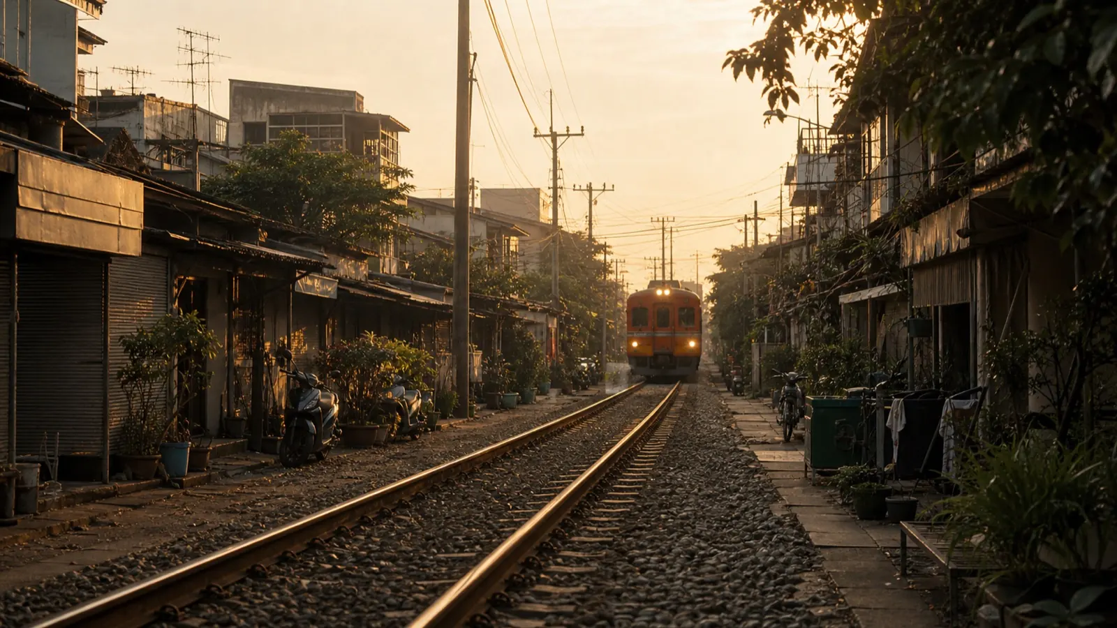 ทางรถไฟทอดผ่านย่านชานเมือง มีตึกแถวสองฝั่งและรถไฟวิ่งมาแต่ไกลในแสงเย็น