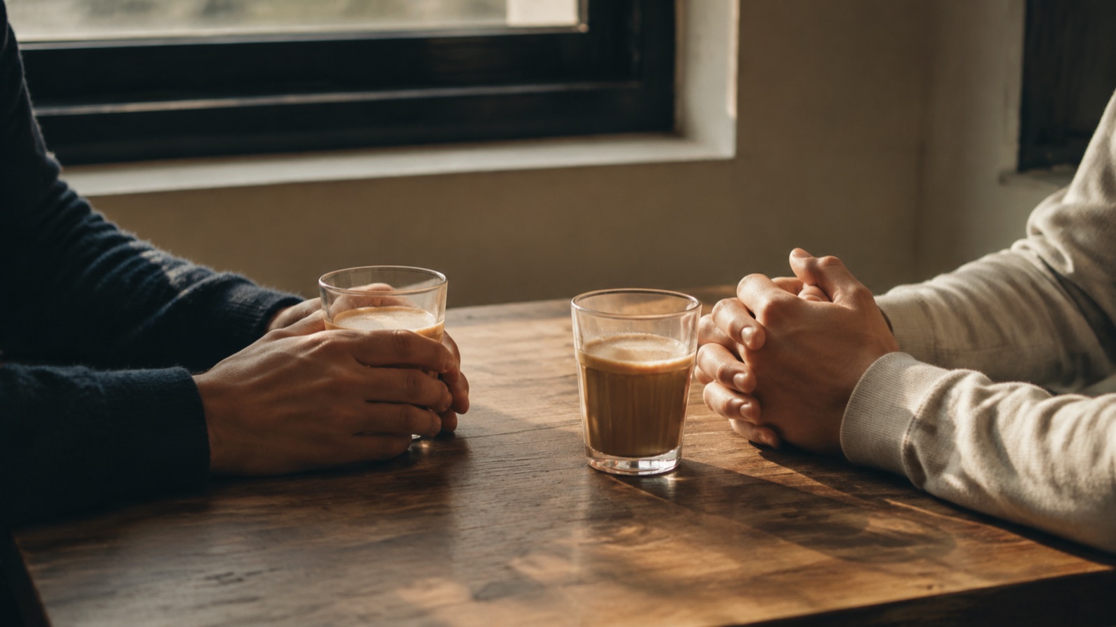 มือของคนสองคนวางอยู่บนโต๊ะไม้คนละฝั่ง มีแก้วกาแฟสองใบอยู่ระหว่างกลาง แสงจากหน้าต่างตกลงบนโต๊ะ ไม่เห็นใบหน้าทั้งคู่