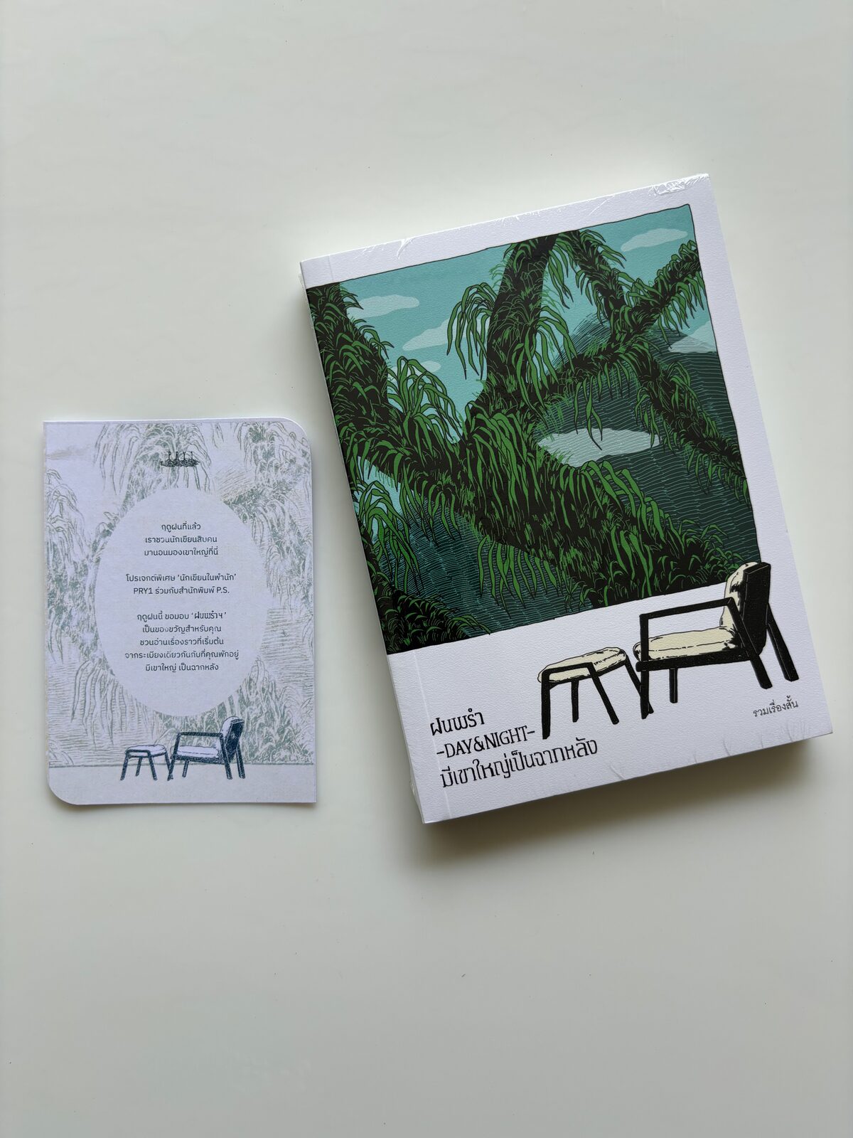 หนังสือรวมเรื่องสั้น ฝนพรำ - DAY & NIGHT - มีเขาใหญ่เป็นฉากหลัง ปกลายเส้นต้นไม้สีเขียว วางคู่การ์ดลายเก้าอี้ริมระเบียง