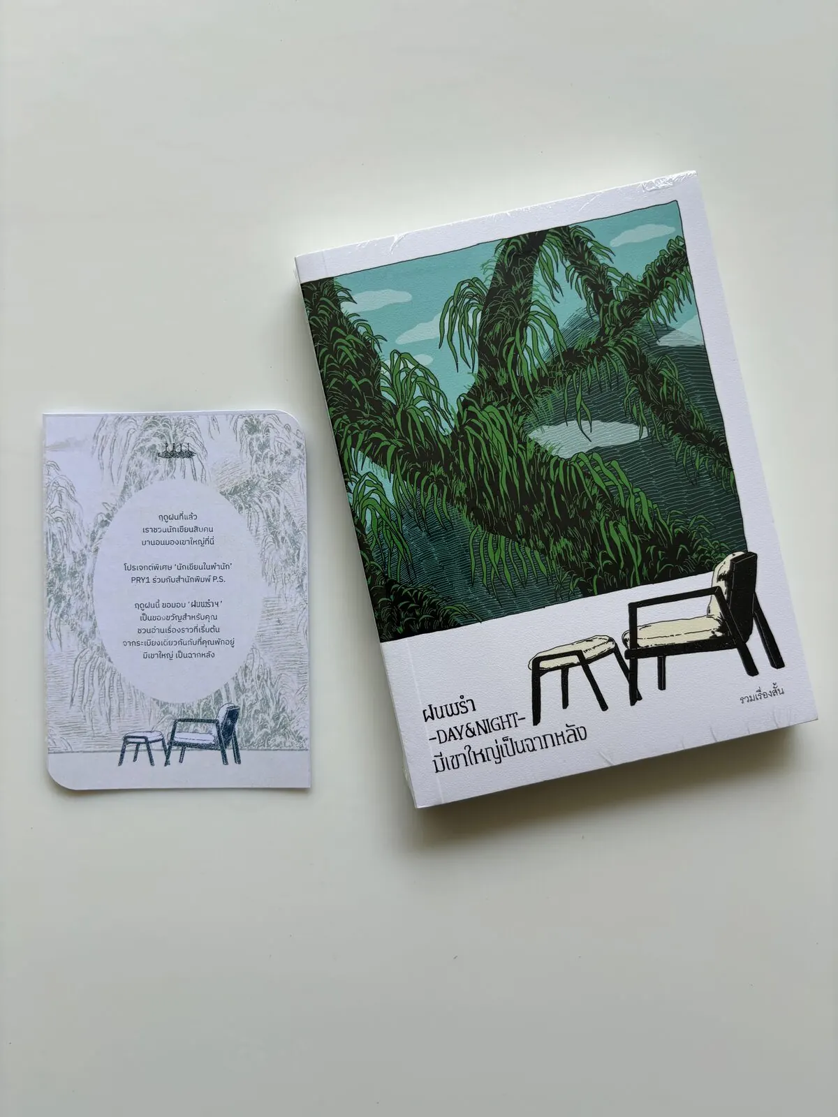 หนังสือรวมเรื่องสั้น ฝนพรำ - DAY & NIGHT - มีเขาใหญ่เป็นฉากหลัง ปกลายเส้นต้นไม้สีเขียว วางคู่การ์ดลายเก้าอี้ริมระเบียง