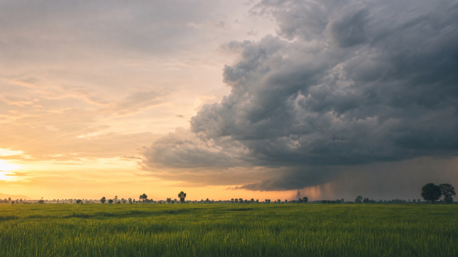 ทุ่งนาเขียวกว้างยามเย็น เมฆฝนก้อนใหญ่ก่อตัวทางขวา ม่านฝนโปรยไกล ๆ ตัดกับแสงอาทิตย์อุ่นทางซ้าย