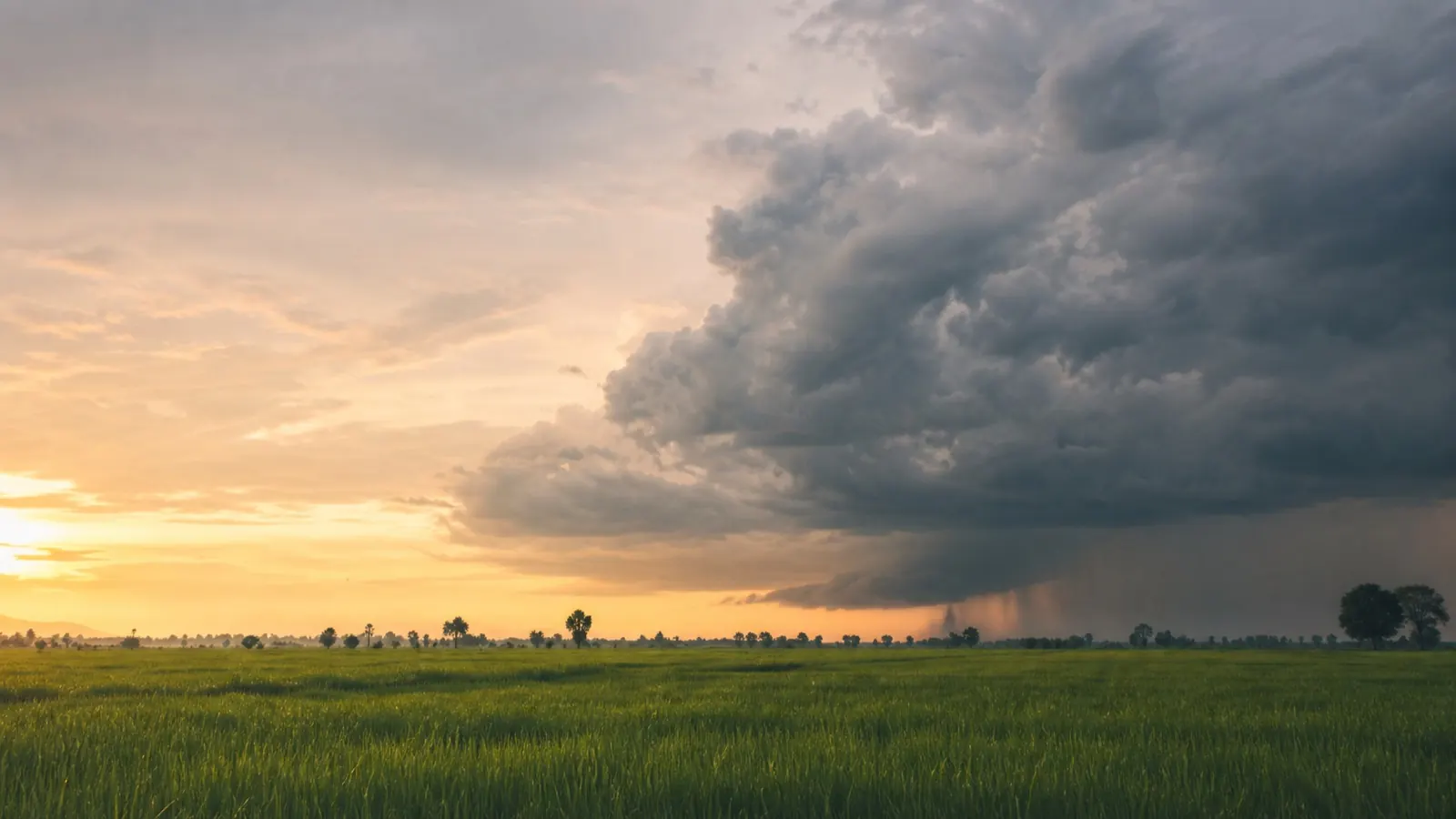 ทุ่งนาเขียวกว้างยามเย็น เมฆฝนก้อนใหญ่ก่อตัวทางขวา ม่านฝนโปรยไกล ๆ ตัดกับแสงอาทิตย์อุ่นทางซ้าย