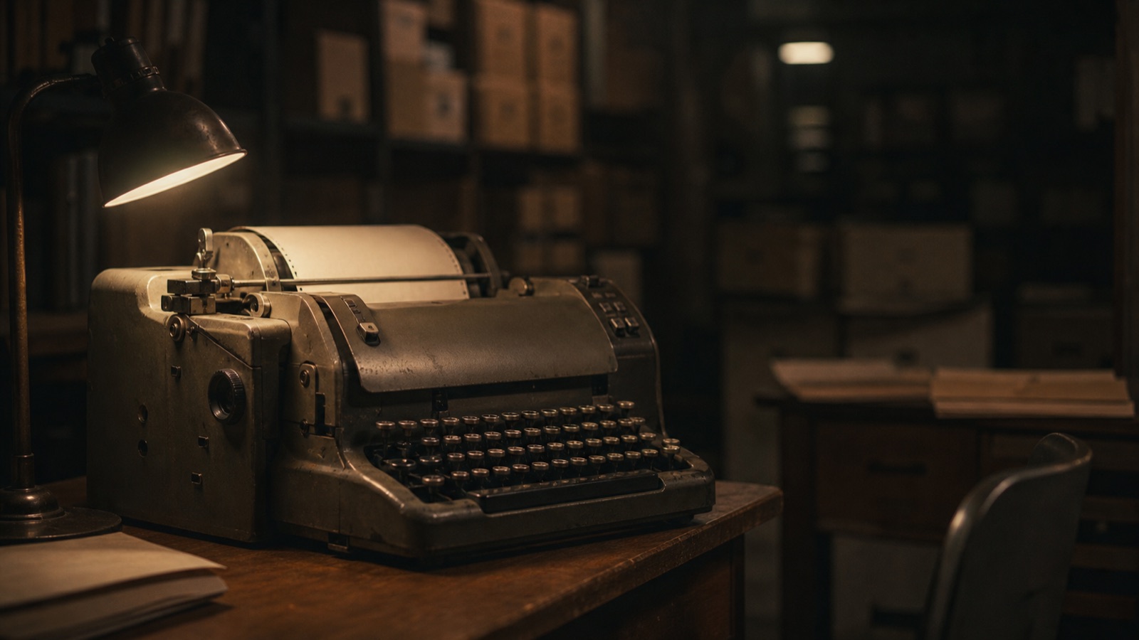 เครื่อง teletype รุ่นเก่าตั้งอยู่บนโต๊ะไม้ในห้องเก็บเอกสาร มีโคมไฟโลหะส่องลงมาจากด้านซ้าย