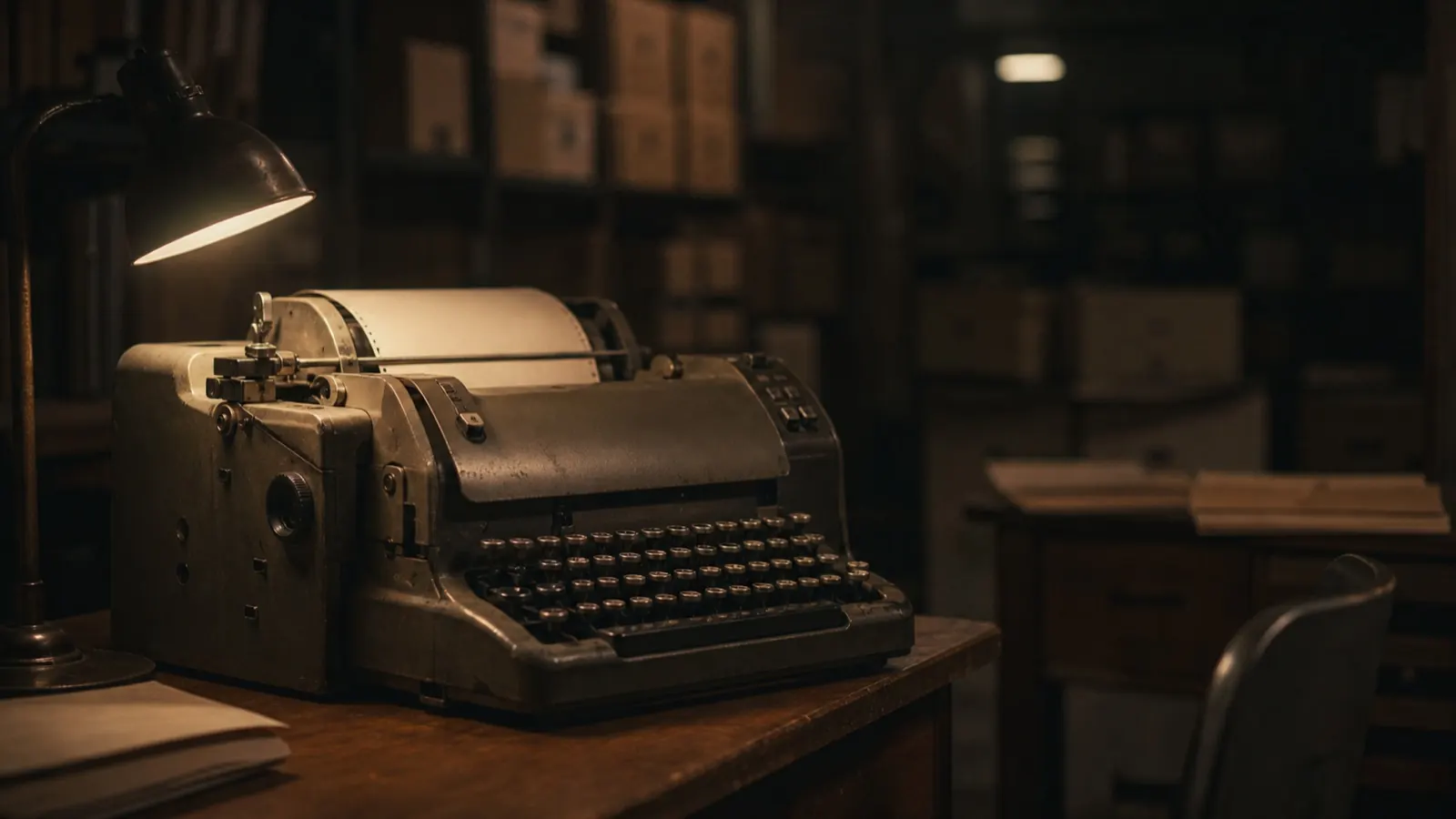 เครื่อง teletype รุ่นเก่าตั้งอยู่บนโต๊ะไม้ในห้องเก็บเอกสาร มีโคมไฟโลหะส่องลงมาจากด้านซ้าย