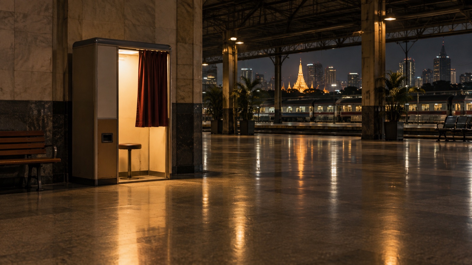 ตู้ถ่ายรูปอัตโนมัติตู้เดียวเปิดไฟสว่างอยู่ในโถงสถานีรถไฟตอนกลางคืน ม่านสีแดงเข้มแง้มไว้ เก้าอี้ว่าง พื้นหินขัดสะท้อนแสง ขบวนรถไฟและเจดีย์เรืองแสงอยู่ไกล ๆ