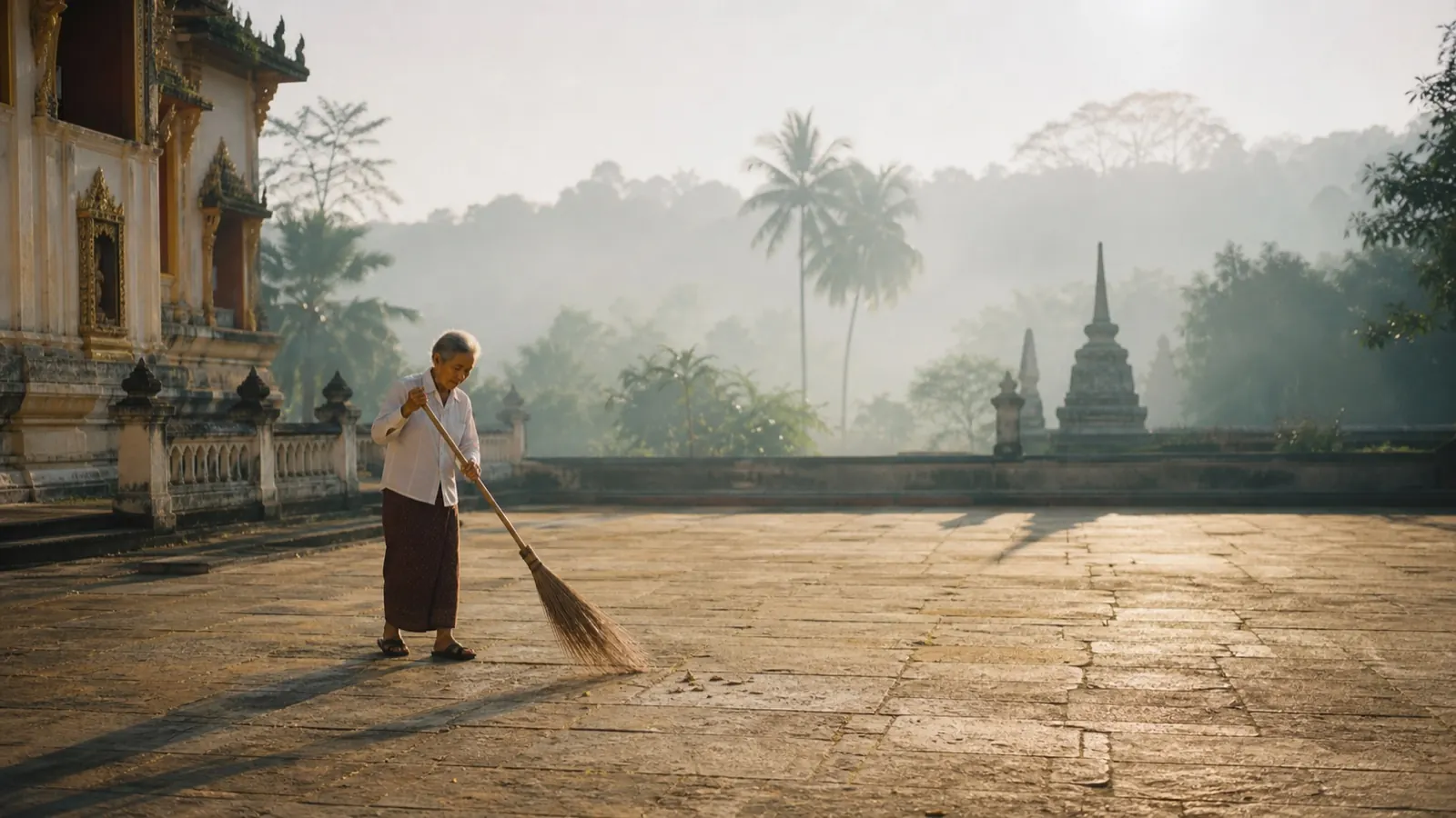 หญิงสูงวัยกวาดลานหินหน้าวัดยามเช้าตรู่ แสงแรกทอดเงายาว มีหมอกบางในแนวต้นไม้