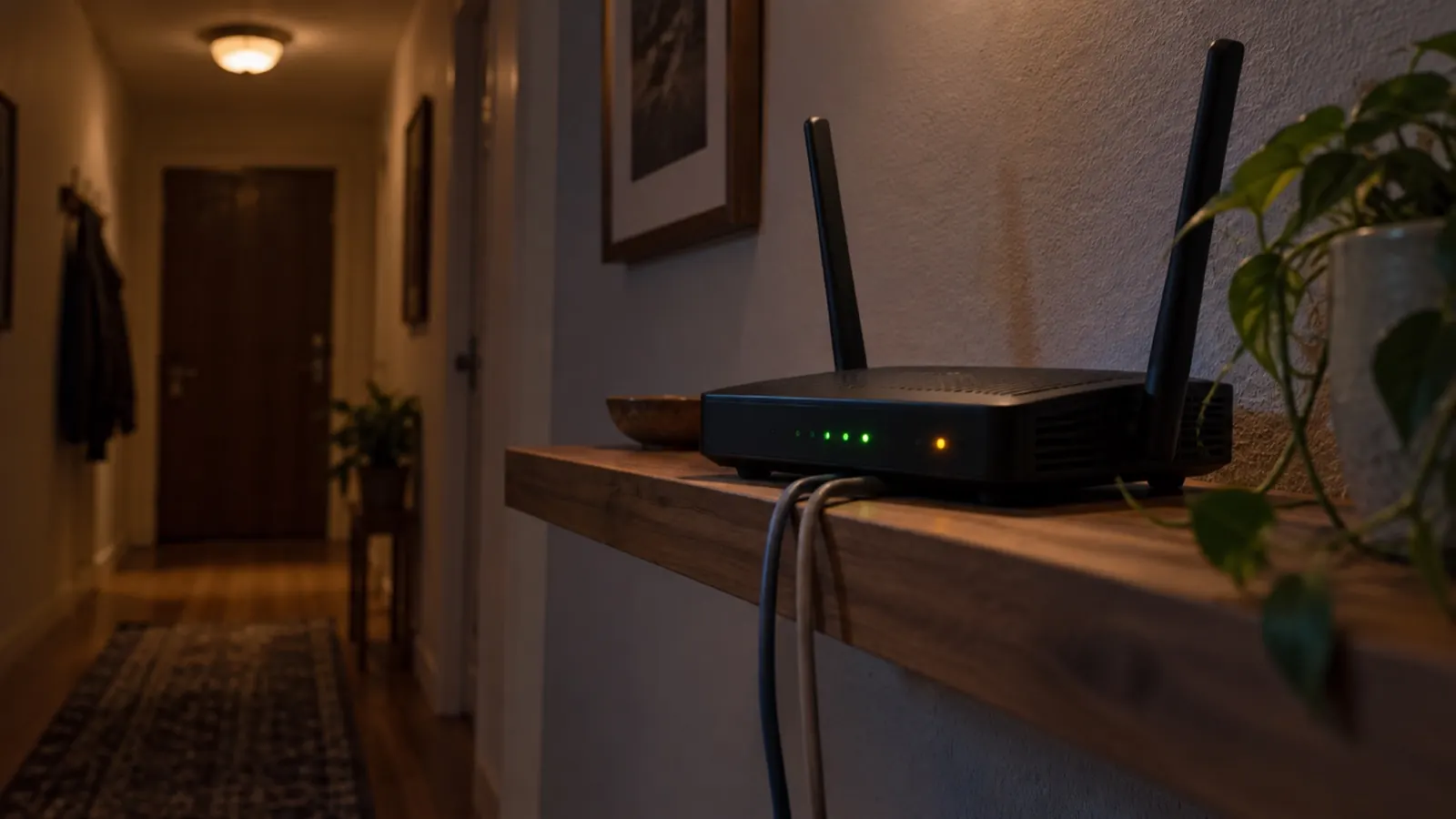 ไฟ LED สีเขียวกะพริบบน router ในทางเดินมืด สายแลนสองเส้นห้อยลงมา