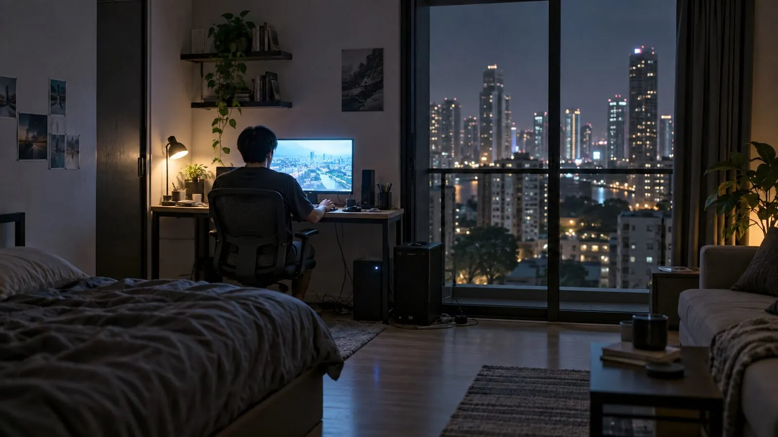 ห้องคอนโดตอนกลางคืน คนนั่งหันหลังหน้าจอที่สว่างอยู่จอเดียว หน้าต่างเห็นไฟตึกในเมือง