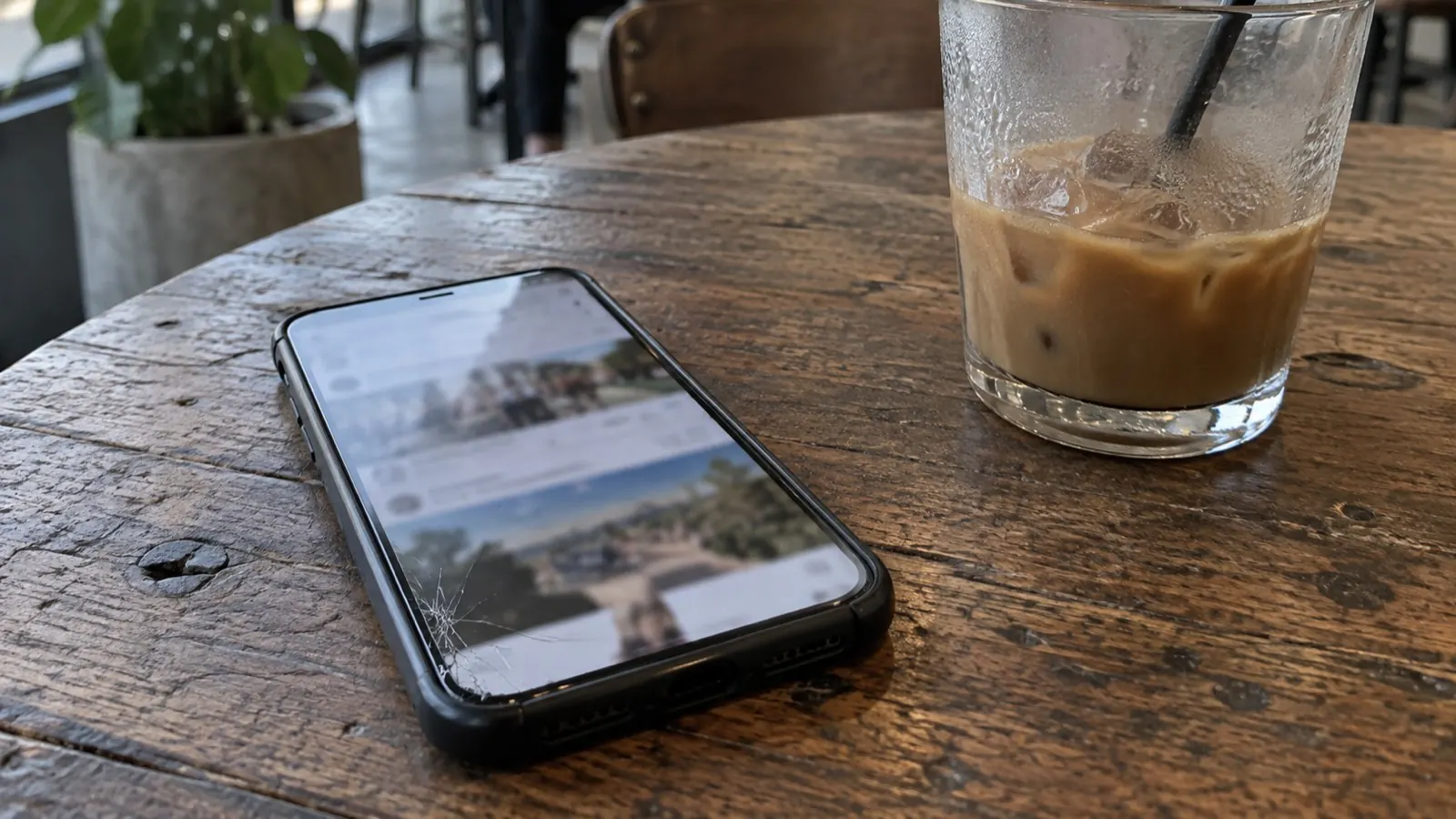 โทรศัพท์มือถือวางหงายบนโต๊ะไม้เก่าในร้านกาแฟ จอเปิด feed ภาพเบลอ ฟิล์มกันรอยร้าวที่มุมล่าง ข้างกันเป็นแก้วกาแฟเย็นที่ดื่มไปครึ่งหนึ่ง