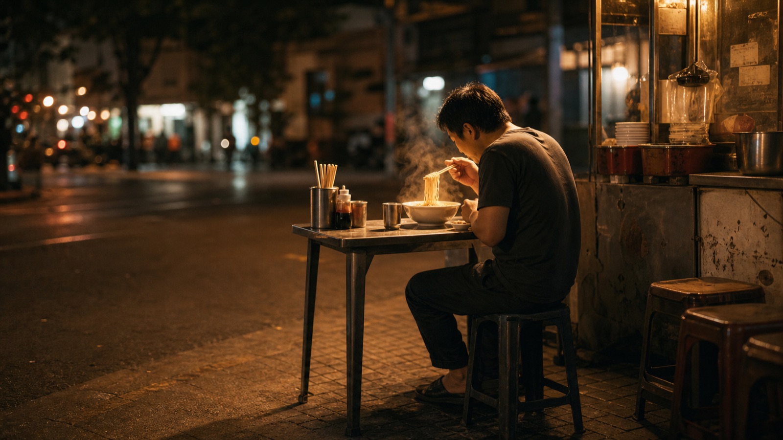 ชายคนหนึ่งนั่งกินก๋วยเตี๋ยวที่ร้านริมทางยามค่ำ ไอควันลอยขึ้นจากชามในแสงไฟอุ่น