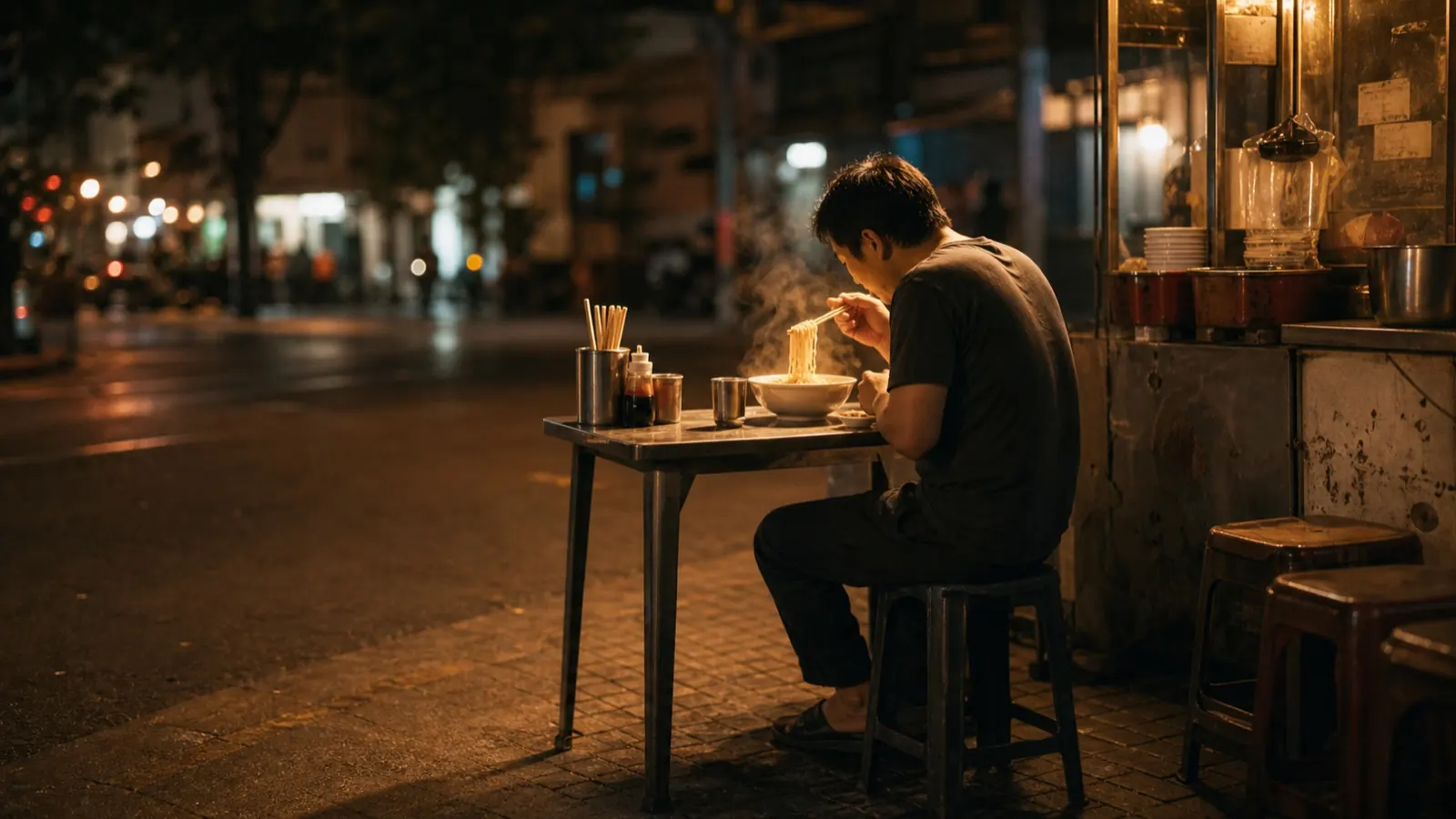 ชายคนหนึ่งนั่งกินก๋วยเตี๋ยวที่ร้านริมทางยามค่ำ ไอควันลอยขึ้นจากชามในแสงไฟอุ่น