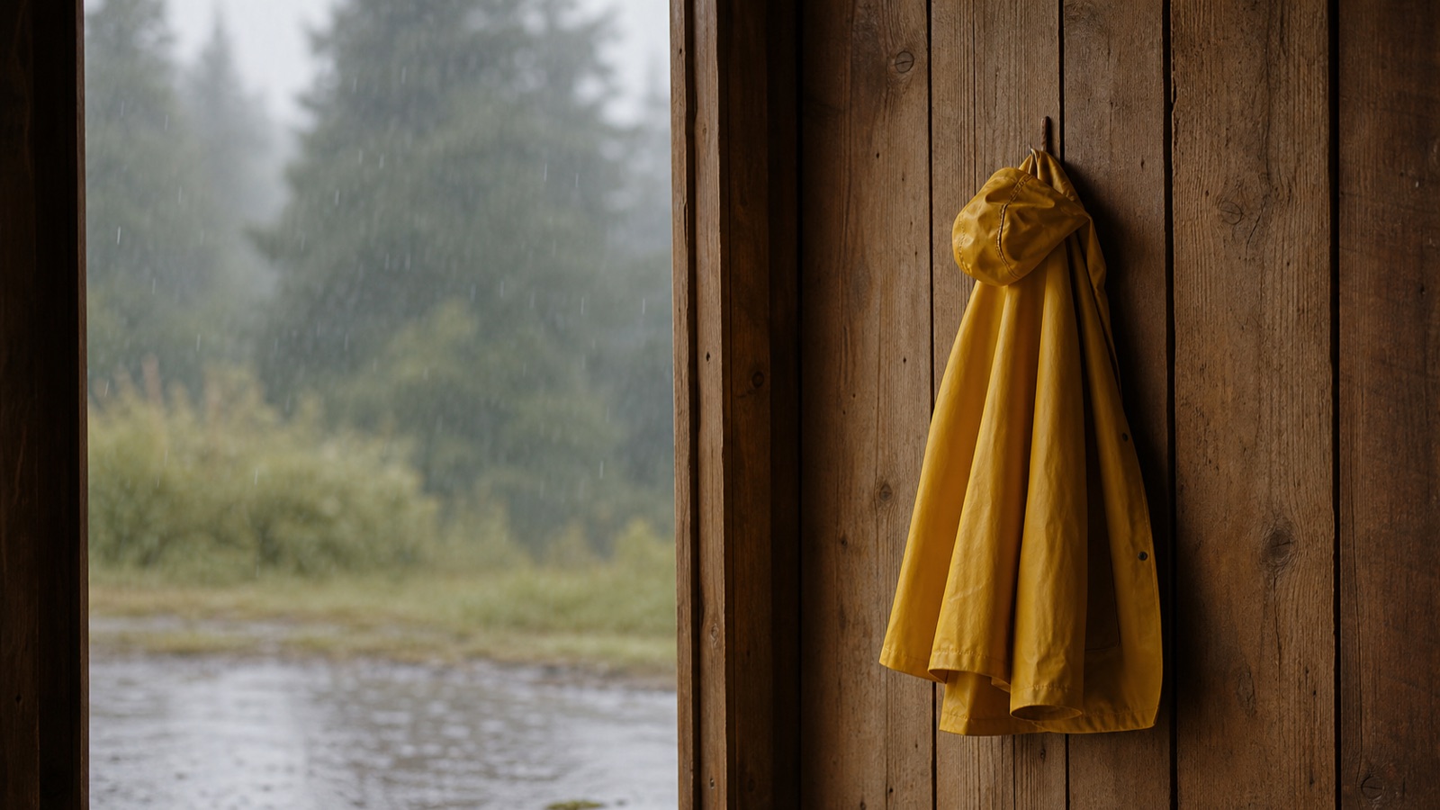 เสื้อกันฝนสีเหลืองแขวนอยู่บนตะขอข้างผนังไม้ มองผ่านช่องประตูออกไปเห็นสายฝนพร่ามัวและทุ่งหญ้าเขียวด้านนอก