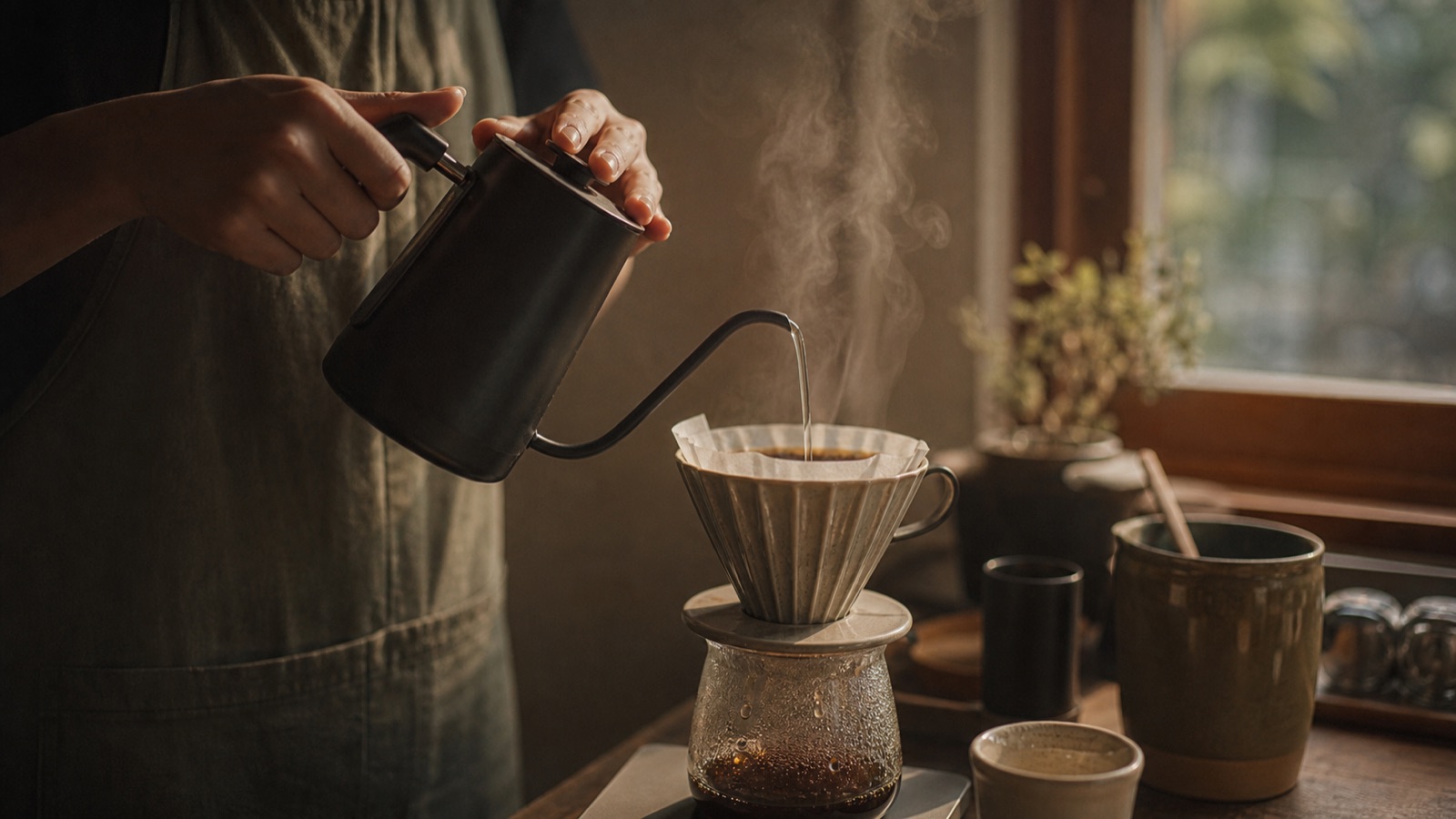 มือบาริสต้ารินน้ำร้อนจากกาคอห่านลงดริปเปอร์กาแฟที่เคาน์เตอร์ร้านเล็ก แสงหน้าต่างอุ่น