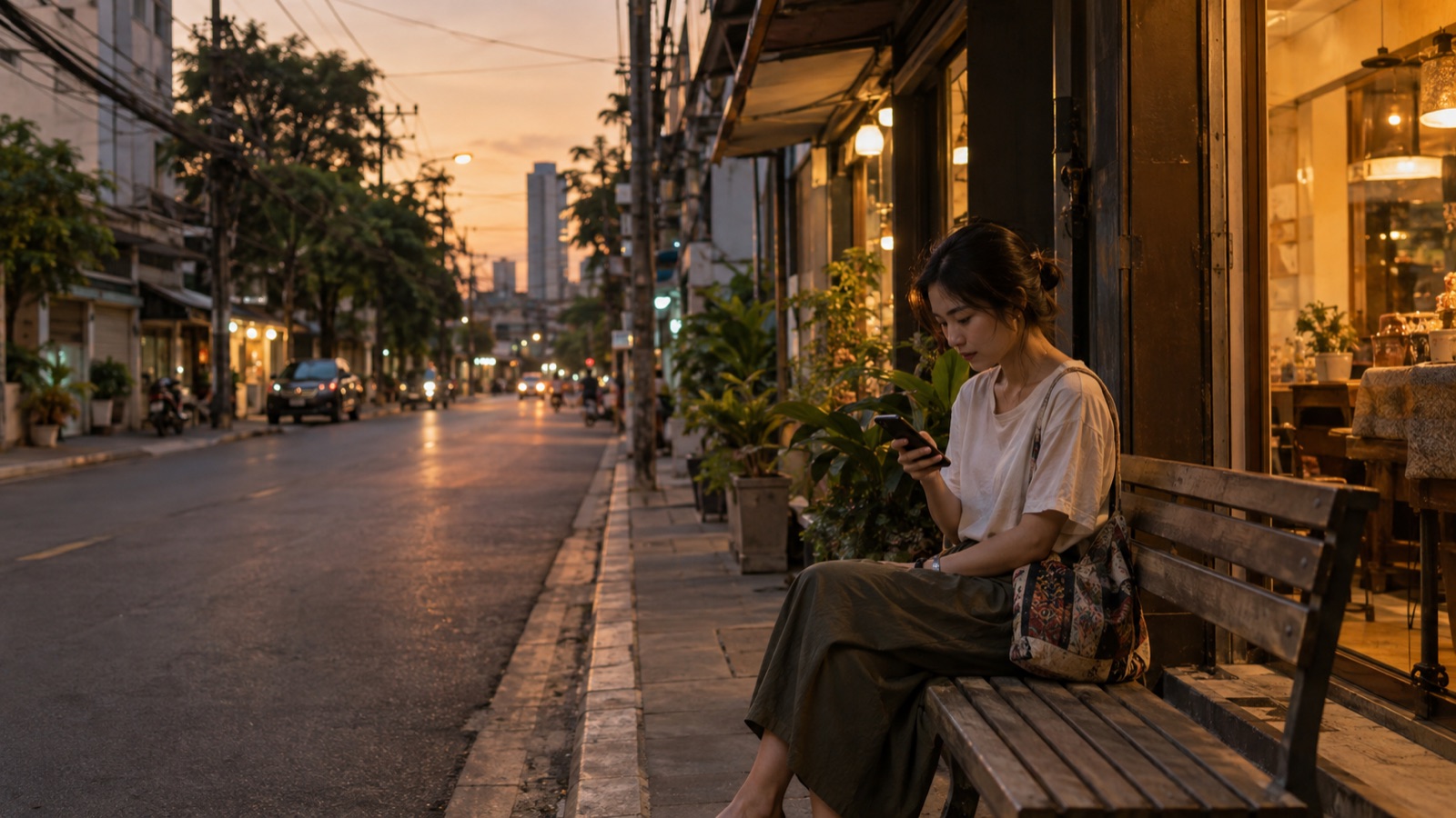 ผู้หญิงนั่งบนม้านั่งไม้หน้าร้านริมถนนตอนโพล้เพล้ ก้มมองโทรศัพท์ในมือ ไฟในร้านด้านหลังติดแล้ว ท้องฟ้าสีส้มเหนือตึกไกล ๆ